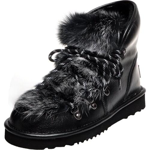 Women Furry Snow Boots Winter Warm Shoes Ladies Girls Round Toe Luxury Fur Ankle Bootie Film Leather Lace UP Outside Wear 2020