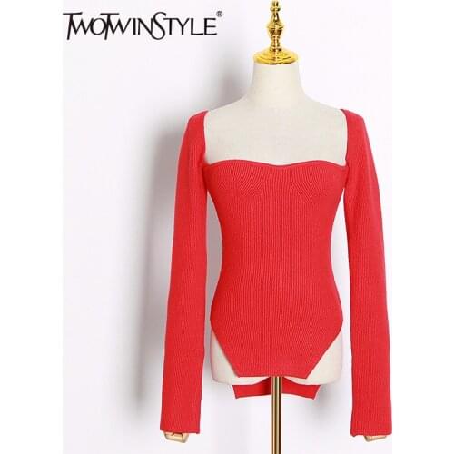 TWOTWINSTYLE Asymmetrical Sweater Knitted Tops Female Square Collar Long Sleeve Sexy Sweaters Women Fashion New 2020 Clothing