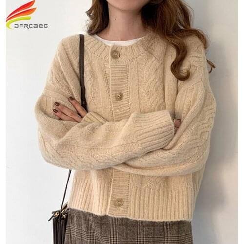 Cardigan 2020 Autumn Winter Womens Sweaters Woolen Loose Casual Twist Tops Korean Style Single Button Knitting Cardigans Women