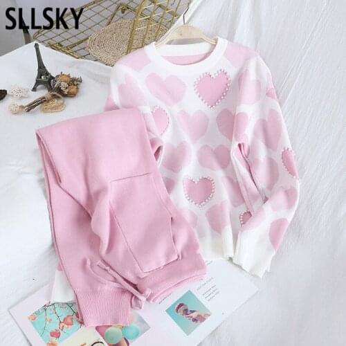 Sllsky Hot Sale Knitted sweet Women Sets Love print Beading Pullovers Tops Double pocket Lace up Trousers Fashion Two pieces