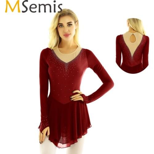 MSemis Women Figure Ice Skating Dress Long Sleeve Skate Dance Leotard Skirt with Fingertip Shiny Rhinestones Competition Costume
