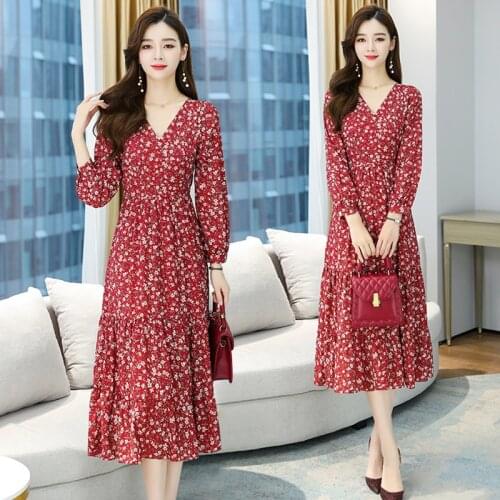 2021 Spring Autumn Floral Chiffon Boho Beach Dresses Long Sleeve Vintage Casual Midi Dress Women Bodycon Party Sexy Maxi Vestido