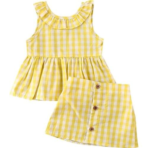 2020 Princess 1-3Y Sleeveless Plaid Print Vest Tops Button Skirt Toddler Baby Girls Clothes Summer Kids Outfits 2Pcs Set