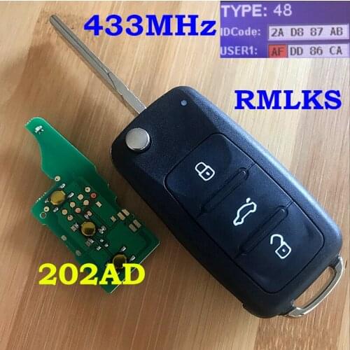 5K0 837 202 AD 433MHz ID48 Chip Remote Key For VOLKSWAGEN 5K0837202AD Beetle Caddy Eos Golf Polo Scirocco Tiguan Touran UP