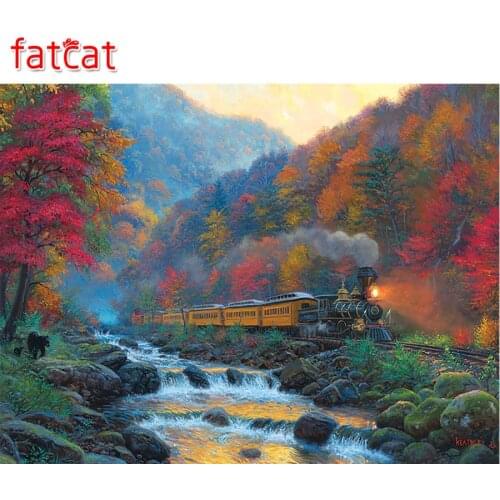 FATCAT 5d diy Diamond Painting Mountain Train Diamond Embroidery scenery Full Square Round Drill Mosaic stickers decor AE604