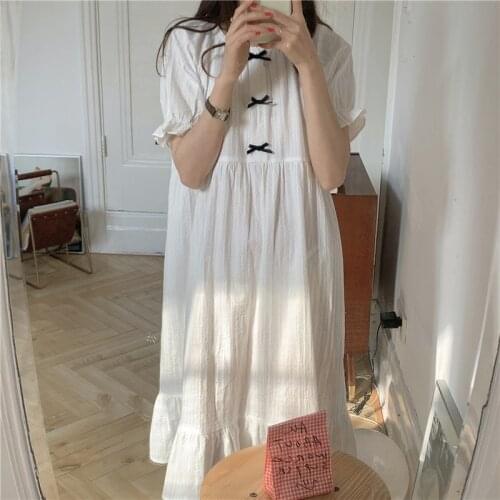 White Summer Nightgow Korean Long Sleepwear Short Sleeve Ruffles Loose Bows Home Clothes Casual Cotton Sweet Homewear