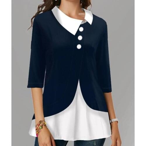 Shirt Blouse 2021 Women New Fashion Turn-down collar Irregularity Splicing female 3/4 Sleeve head shirt Office clothes