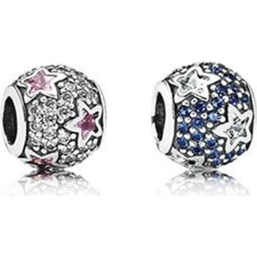DIY Beads Pave Star Blue & Pink Charm Fits Original Silver Bracelets For Woman Sterling Silver Jewelry Beads For Jewelry Making