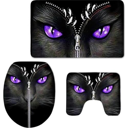 Black Cat Purple Eyes Personality Toilet Seat Cover Bathroom Washable Soft Flannel Toilet Seat Mat Pad Lid Closestool Seat Set