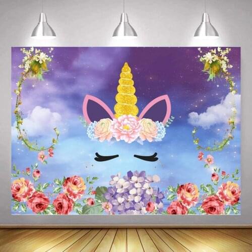 Floral Unicorn Purple Sky Clouds Girl Princess Backdrops Photography Eyelash Newborn Baby Shower Photo Background For Cake Table