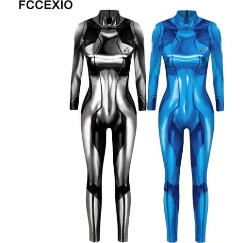FCCEXIO Metroid Samus Aran Game Hero Cosplay Costume Female Samus Zero Costume Bodysuit Power Suit S-XL