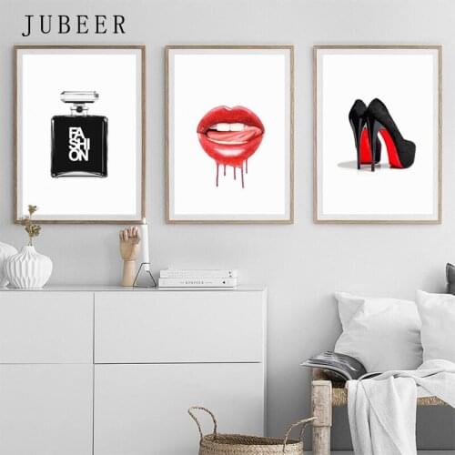 Perfume Bottle Posters and Prints Make Up Wall Art Red Lips Fashion Decoration Picture for Bedroom Popular Poster Home Decor