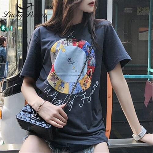 New Summer Women Gray O-Neck Cotton Cartoon Print Letter T-Shirt Female Plus Size Tees Ladies Brand Fashion Casual Tops ZM87