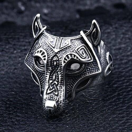 Stainless Steel Ring For Men Handmade Viking Nordic Mythology Giant Wolf Defense Wolf Totem Ring Wolf Head Punk Rock Jewelry