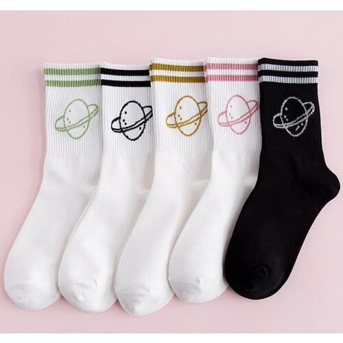 Sports Style Cotton Two-bar Letter Planet Womens Socks Ladies Striped Korean Mid-tube Socks 1 Pair Cute Fresh Style Socks