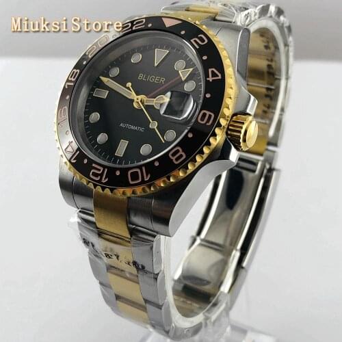 Bliger new 40mm mens top luxury watch sapphire glass one-way rotation ceramics bezel date window GMT luminous automatic watch