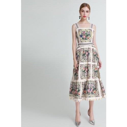 New Arrival Cotton and Linen Printed Handmade Sequined Diamond Spaghetti Strap Dress YZ01