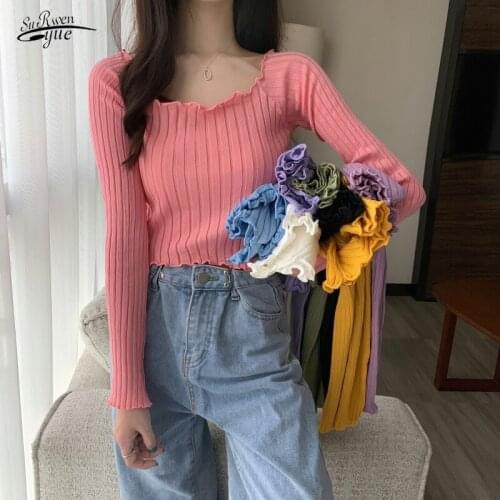 Autumn Korean All-match Slim Short Sweater Knitted Casual Long-sleeved Women Sweater Winter O-neck Solid Rainbow Pullover 16174