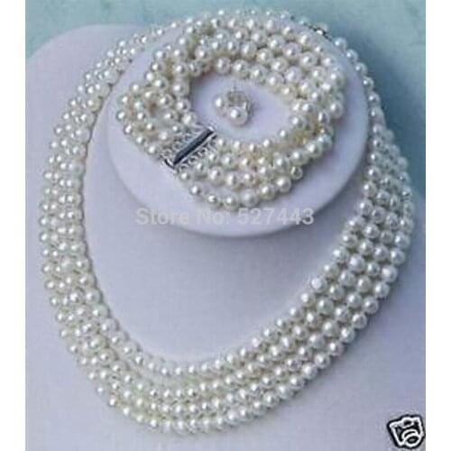 Lovely nice bridal jewelry 4 row 7-8mm white Cultured pearl earring necklace 18" bracelet 7.5" set woman word wholesale