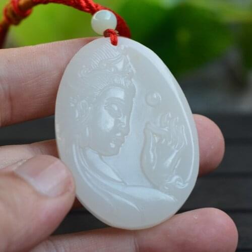 Natural White Afghanistan Jades Pendant Necklace Carved Guanyin Bodhisattva Pendant Gift for Men Jades Stone Jewelry Free Rope