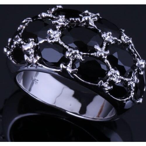 Attractive Oval Black Cubic Zirconia Silver Plated Ring V0587