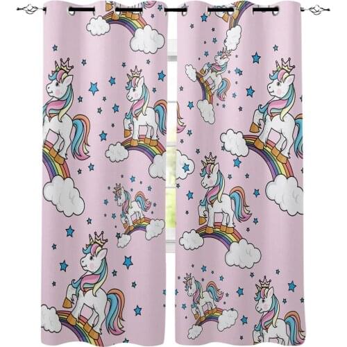 Pink Unicorn Rainbow Cartoon Window Curtains Dark Kitchen Indoor Curtain Window Treatment Valances Curtains Kids Room Home Decor