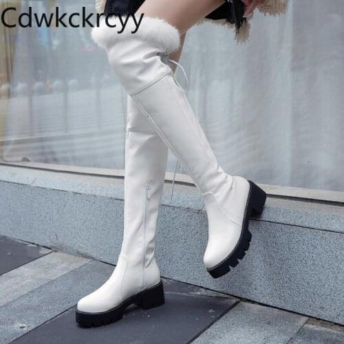 Winter The New Rabbit hair fashion Round head High tube Over the knee Martin boots Plus velvet Keep warm High heel Women boots