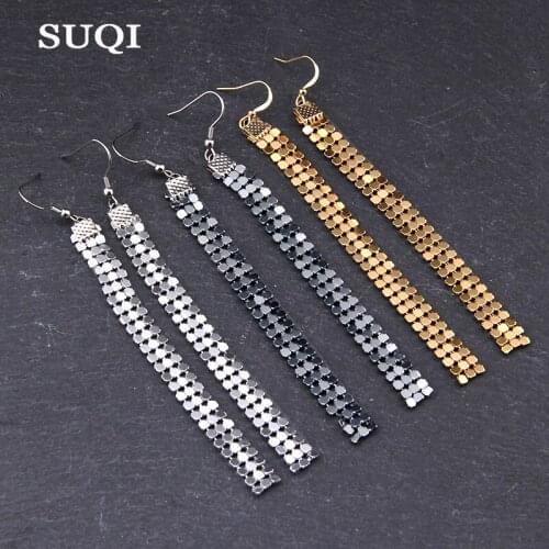 SUQI vintage high quality earrings gold silver color black long tassel earrings bohemian jewelry for women earrings dangle