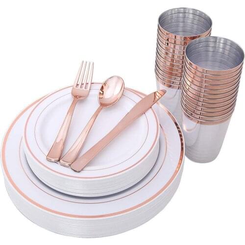 Rose Gold Plates and Rose Gold Cups with Plastic Dinnerware, Top Disposable Dinnerware Set for 25 Guest-Total 150pcs