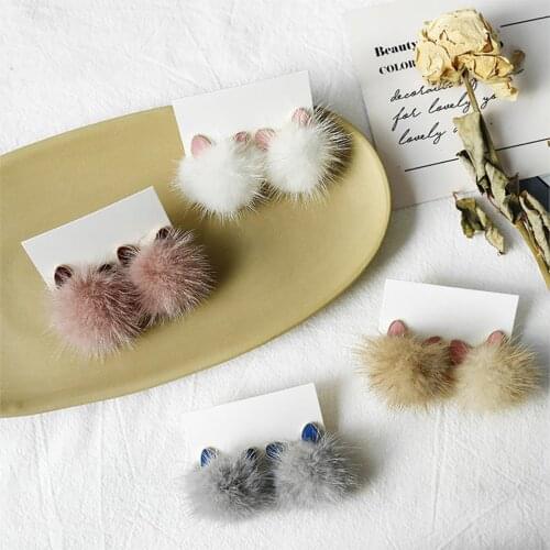 8Seasons 1Pair Fashion Multicolor Mink Fur Ball Pom Pom Ear Post Stud Earrings Women Girls Party Cute Cat Ear Earring Jewelry