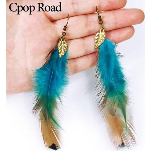 Cpop Vintage Boho Colorful Feather Earrings Gold Leaf Pendant Long Ethnic Earrings Women Jewelry Accessories Hot Sale Gift 2019