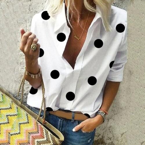 Office Lady Turn Down Collar Long Sleeve Polka Dots Print Shirt Casual Blouse
