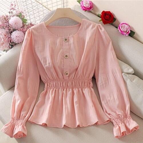 Blouse Women Autumn Ruffled Long Sleeve Shirt Pleated Bell Sleeve Top Blusas Ropa De Mujer