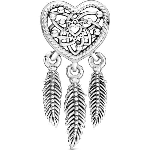 925 Sterling Silver Openwork Heart & Three Feathers Dreamcatcher Charm Beads fit for Pandora Bracelet Original Silver Jewelry