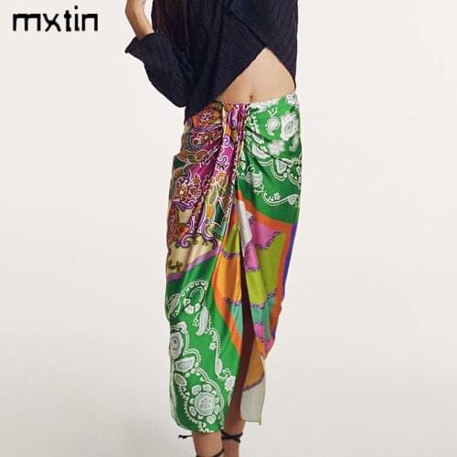 MXTIN 2021 Women Summer Vintage Patchwork Midi Skirt Vintage Pleated Split Streetwear Girl Skirts Casual Faldas Vestidos