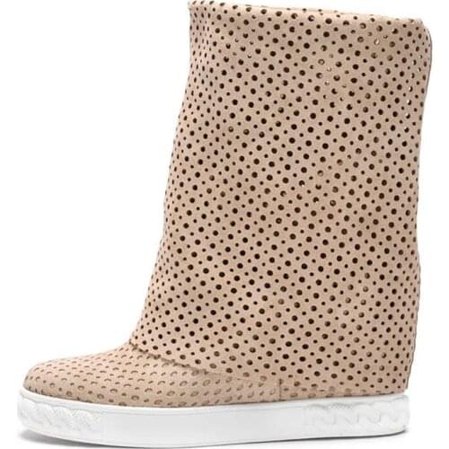 High-Top Drilled Boots Folded Suede Sneakers Hollow Wedges Platform Heels Bootie Round Toe Solid Color Women Sneakers Shoes