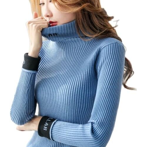 TuangBiang Women Autumn Winter Turtleneck Sweaters Fashion Letter Spliced 2021 Ribbed Pullover Blue Knitted Tops Elastic Jumpers
