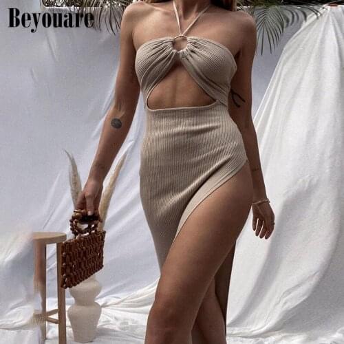 Beyouare Ribbing Halter Hollow Women Dress Strapless Slim Split Ankle-Length Dresses 2021 Summer Solid Elegant High Street Style