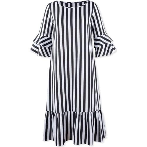 Neatie kiddie Fashion Casual Stripe Dresses 2019 Ruffles Midi Straight Dress Female Half Flare Sleeve O-neck Vestidos