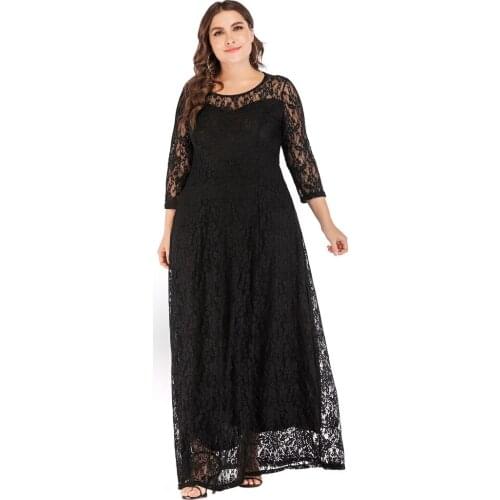 Plus Size 6XL Lace Party Dress Women Summer V Neck Three Quarter Sleeve Hollow Out Chiffon Patchwork Lace Dress Maxi Long Dresse