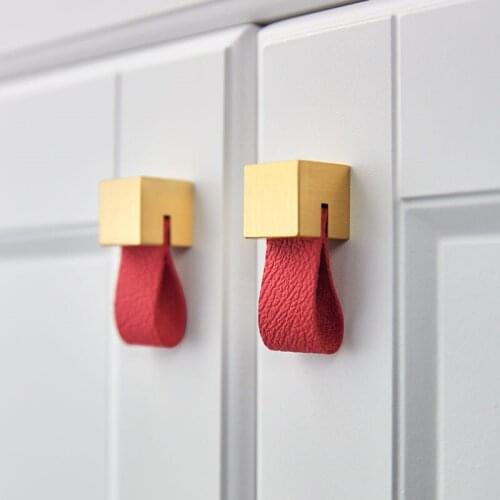 1Pcs Light Luxury Genuine Leather Brass Handle Square Pure Copper Wardrobe Cabinet Door Pulls Single Hole Drawer Knob Handles