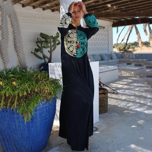 2021 Navy Blue Elegant Embroidered Maxi Dress Tunic Women Summer Beach Wear Kaftan Bathing Suit Cover Up saida de praia Q1339