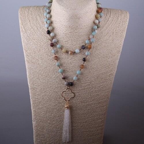Free Shipping Bohemian Jewelry Amazonite Stones Rosary Chain Clover Palm Crystal Tassel Necklace