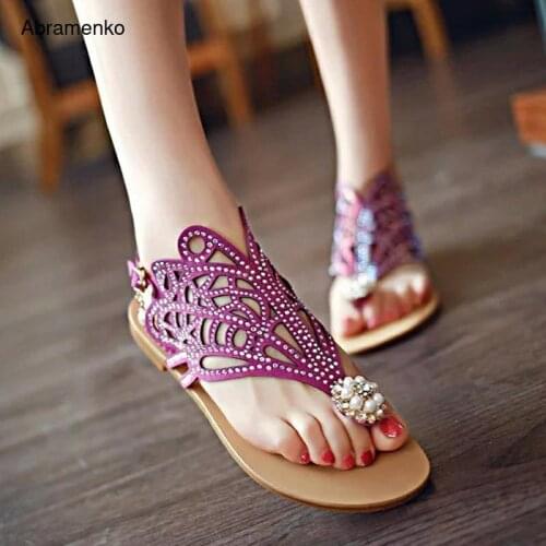 Woman Sandals Women Black Shoes Rhinestones Gladiator Hollow-Out Flat Bohemia Sandals Summer Style Crystal Chaussure Size 35-39