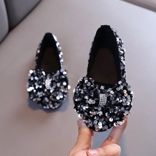 Spring Autumn New Children Shoes Sequins Girls Flat Princess Dance Shoes Fashion Black Party Dress Wedding Single Shoes