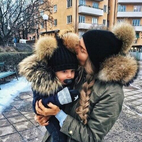 Children Baby Hats Rhinestone Keep Warm Winter Fur Ball Beanies Caps High Quality Knitted Wool Hemming Hat Girls Boys Cap