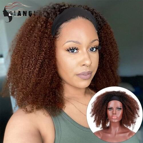 DIANQI Synthetic Afro Kinky Curly Wig Natural Headband Wigs for Black Women Short Brown Wig with Head Wrap Wigs Curly Hair Wig