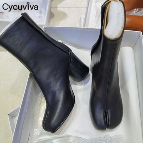 Designer Split Toe Chelsea Ankle Boots For Women Black Real Leather Ladies Shoes Winter Round High Heel Womens Short Boots