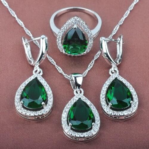 Water Drop Green Zirconia Womens Summer Jewelry Sets Wedding Silver Color Necklace Crystal Pendant Earrings Ring TZ0106