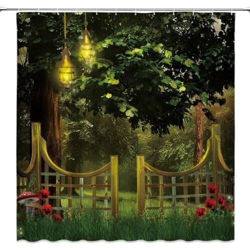 Landscape Shower Curtain Courtyard Fence Scenery Green Meadow Red Flower Tree Pattern Bathroom Decor Polyester Cloth Curtain Set